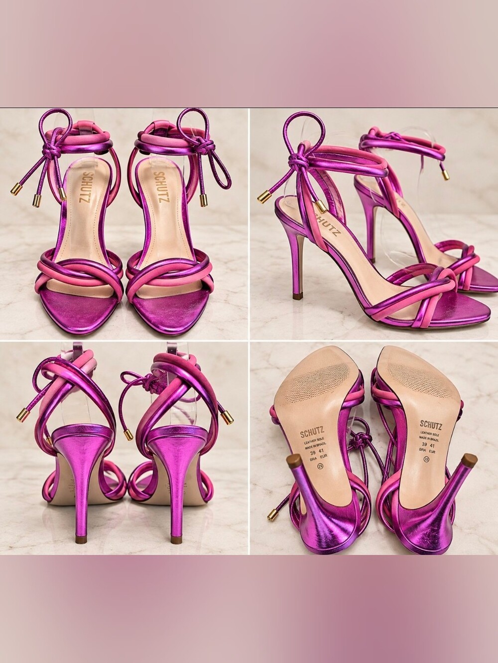New Schutz Hot Pink Metallic Leather & Suede Strappy Stiletto Sandals 8/39 $198 - Picture 3 of 6